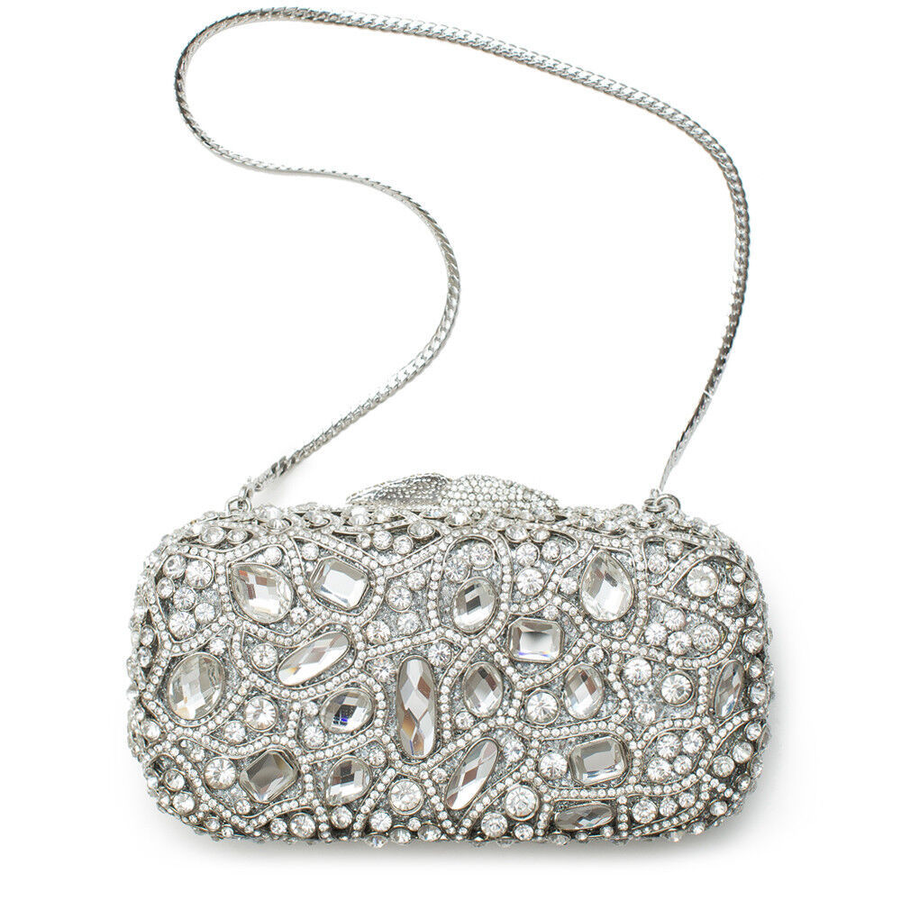 INS Minaudiere Evening Silver Clear Color Bag Turnlock Handbag Crystal Beaded NW